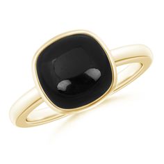 The brilliant cushion black onyx captivates with its bold and dramatic charm. Bezel set on the lustrous shank, the gemstone exudes a mysterious black hue. This simple yet elegant cabochon black onyx solitaire ring in 14k yellow gold is a visual treat. Classic Black Onyx Rings, Classic Black Gemstone Ring, Modern Black Jewelry With Bezel Setting, Modern Black Rings For Evening, Classic Black Onyx Jewelry, Formal Black Cabochon Rings, Classic Black Cabochon Rings, Timeless Black Jewelry With Bezel Setting, Timeless Black Ring For Evening