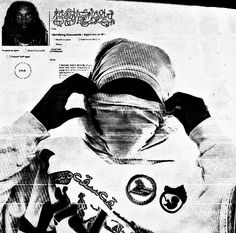 a black and white photo of a person wearing a bandana on top of a newspaper