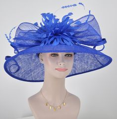 Blue Straw Hat For Summer Parties, Blue Structured Crown Hat For Spring, Blue Spring Hat With Structured Crown, Spring Blue Hat With Structured Crown, Royal Blue Wide Brim Hat For Spring, Royal Blue Curved Brim Hat For Spring, Blue Top Hat With Flat Brim For Kentucky Derby, Blue Flat Brim Top Hat For Kentucky Derby, Fitted Royal Blue Hat With Short Brim