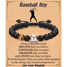 PRICES MAY VARY. ⚾【Baseball Gifts for Boys】-Special design with a cool baseball charm, send this baseball themed bracelet to remind him that remember you are Braver than you believe, Stronger than you seem, Smarter than you think, and Loved more than you know. ⚾【High-Quality】-This baseball bracelet for boys is made of black agate stone and tiger eye stone with a baseball charm, bring lucky and positive energies. Wear this baseball bracelet when you need a little reminder to stay strong, stay foc Personalized Black Wristband For Birthday, Letter Print Bracelets For Mother's Day Gift, Mother's Day Gift Bracelets With Letter Print, Mother's Day Gift Bracelet With Letter Print, Black Beaded Bracelets With Letter Print As Gift, Black Beaded Bracelet With Letter Print As Gift, Adjustable Black Wristband For Birthday Gift, Adjustable Black Wristband As Birthday Gift, Adjustable Beaded Bracelet With Letter Print For Birthday