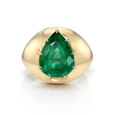 4.08ct pear shaped green emerald prong set in a handcrafted 18K yellow gold domed mounting. Gold Teardrop Emerald Ring, Teardrop Emerald Ring In Yellow Gold, Pear-shaped Gold Emerald Ring, Classic Teardrop Emerald Ring For Formal Occasions, 14k Yellow Gold Pear-shaped Emerald Ring, 14k Gold Pear-shaped Emerald Ring, Green Teardrop Emerald Ring For May Birthstone, Pear-shaped Emerald Ring In 14k Yellow Gold, Pear-shaped Gold Emerald Ring In 14k Gold