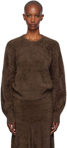 Shag knit nylon sweater. Pintucks throughout. · Boxy-fit · Rib-knit crewneck, hem, and cuffs · Dropped shoulders Supplier color: Espresso Brown Jumpers, Chunky Jumper, Knit Crewneck, Pin Tucks, Helmut Lang, Knitwear Women, Drop Shoulder, Rib Knit, Apparel Accessories