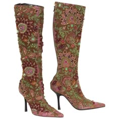 New Oscar De La Renta Hand Painted Embroidered Beaded Boots F/W 2004 Collection Designer size 36.5 B - US 6.5 B Brown Suede is Hand Painted, Studded with Multicolored Cabochons, Bedecked with Dazzling Embroidery, Toe to Tip, Back Zip Closure. Leather Lining, Leather Sole, Heel Height - 3.75 inches. Made in Italy. New with box. Last picture shows cashmere jacket from same collection ( available in our store). Beaded Boots, Outfit Generator, Shoe Store Design, Unique Boots, Jeweled Shoes, Embroidered Boots, Fantastic Shoes, Funky Shoes, Jeweled Sandals