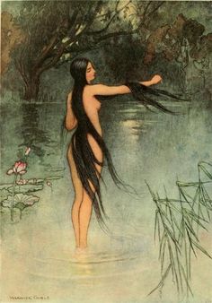 an illustration of a woman in the water with long black hair, holding her arm out