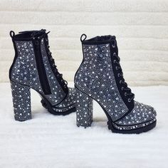 Beautiful Rhinestone Ankle Boots Black Faux Suede 4.75" Heel With A 1.5" Platform Deep Lug Tread Adjustable Lace Up Front Design With A Easy To Use Side Zipper New In Box Rhinestone Playform Heel Boots, Wild Diva Boots, High Heel Winter Boots With Rhinestones, Studded Party Platform Boots With Round Toe, Studded High Heel Platform Boots For Party, Winter Rhinestone Boots With Round Toe, Winter Boots With Rhinestones And Round Toe, Winter Embellished Ankle Boot Heels, Glamorous High Heel Boots With Rhinestones