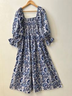 Cotton maxi, hand block print dress, blue printed dress, boho dress, boho maxi, long maxi, smocking maxi dress, bobbin dresses, cotton dresses, vintage gown, smocked maxi, hippie dresses, gauze maxi, gift for her, gift for mom, Christmas gift, festival wear, festival gift, fast shipping  Feel beautiful and confident throughout your days wearing our block printed outfits, made with high quality soft and breathable cotton fabric.  The print on the dress is known as "BLOCK PRINT" which is centuries Printed Outfits, Block Print Dress, Smocked Maxi Dress, Dresses Cotton, Diy Clothes Life Hacks, Vintage Gowns, Mom Christmas, Maxi Robes, Hippie Dresses