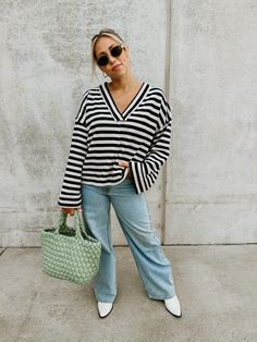 Fits TTS- the model is wearing a small. The Baxter Pullover is a striped long sleeve v-neck pullover. 23% Polyester, 77% Cotton The Model, Striped Long Sleeve, Sales Gifts, Jacket Dress, Sweater Top, Sweaters & Cardigans, Must Haves, A Small, V Neck