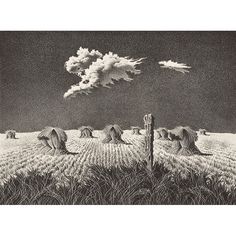 a black and white drawing of clouds over a wheat field