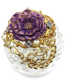 My favorite gold and purple bracelet in my Romantic Vintage-Inspired Design theme. The gold is 22 kt gold plating, hand painted purple cab in the shape of a peony flower with lots of bling that makes this bracelet sparkle. Gold Purple Jewelry, Luxury Purple 14k Gold Jewelry, Gold And Purple Bracelet, Luxury Ornate Purple Jewelry, Luxury Vintage Purple Bracelet, Filigree Bracelet, Purple Bracelet, Star Sapphire, Gold Gold