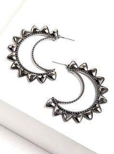 FIT Measures 1. 42” long. MATERIALS + CARE Base metal. . Imported. DETAILS High shine finish. . Spiked accents. The best plus size women's spiked crescent moon hoop - hematite tone earrings in silver. Torrid is your destination for the freshest spring and summer styles. Edgy Jewelry, Summer Styles, Accessories Jewelry Earrings, Shopping Day, Bra Cups, Base Metal, Crescent Moon, Dream Wardrobe, Beauty Routines