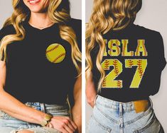 Two-Sided Softball T-shirt With Custom Number And Name, Sports Shirt, Softball Mom Tee, Softball Team Shirt, Personalized Softball Gifts   Hi! Welcome to the LaTeeApparel!  It's great to see you here! Our shirts are clean, high quality and soft. It is prepared quickly by our store! Enjoy your shopping! It is a pleasure for us to help you with your questions and you can reach us at any time. F I T  ∙ S I Z I N G  -->Women's sizes are narrower than the waist -->Sleeves are rolled up in some produc Varsity Style Short Sleeve Tops For Team Events, Varsity Short Sleeve Tops For Team Events, Black Sports Tops With Heat Transfer Vinyl, Varsity Graphic Print Tops For Team Events, Varsity T-shirt For Sports Season Team Events, Varsity T-shirt For Team Events During Sports Season, Varsity Tops With Sublimation Print For Team Events, Personalized Softball Gifts, Softball Team Shirt