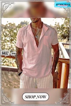 Men's Linen Shirt Summer Shirt Beach Shirt Collar Summer Short Sleeve Black White Pink Plain Casual Daily Clothing Apparel Pocket V-neck Tops With Pockets For Vacation, Summer V-neck Top With Pockets, Casual Collar Summer Tops With Pockets, Summer Tops With Pockets And Casual Collar, Summer V-neck Shirt With Pockets, Casual V-neck Beach Season Shirt, Summer Tops With Pockets For Beach Season, Vacation Tops With Pockets For Beach Season, Tops With Pockets For Beach Vacation