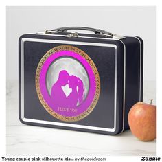 Young couple pink silhouette kissing one another metal lunch box.comes in 6 colors..#metal #lunch #box #lunchbox Silhouette Kissing, Pink Silhouette, Young Couple