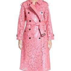 Presenting A Girlish Twist On Burberry’s Signature Trench Coat, This Jacket Is Made Of Hot Pink Macrame Lace That Is Protected Inside Pvc Coating. The Coat Features All The Standard Elements Of Burberry Trench Coats: A 4 Button-Down Closure, A Pair Of Slanted Button-Closure Pockets, A Single Jacket Vent, A Belted Waist, And Wrist Buckle Tabs. The Jacket Additionally Has A Hook And Bar Closure To Fasten The Collar. Size: Us 4 Condition: Pristine; Original Tag Still Attached Approximate Measuremen Burberry Pink, Lace Coat, Floral Coat, Embroidered Coat, Burberry Coat, Red Trench Coat, Burberry Trench Coat, Classic Trench Coat, Double Breasted Trench Coat