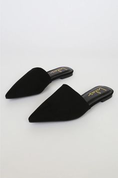 Get a look that's chic, simple, and totally on-trend with the Lulus Lorena Black Suede Pointed Toe Slides! Soft, vegan suede covers the pointed toe upper of these stylish, slide-on mules. These upgraded flats look great dressed down with jeans for everyday or dressed up with trousers for office hours! Pointed Loafers, Half Shoes, Pointed Toe Flats, Slides Shoes, Crazy Shoes, Ankle Strap Heels, Perfect Shoes, Rubber Heels, Strap Heels