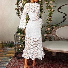 Lasaky - Seductive Sheer Lace Long Sleeve Mandarin Collar Maxi Dress White Lace Dress Long, Bohemian Dresses, Women Lace Dress, Flare Sleeve Dress, Homecoming Dresses Long, Boho Dresses, Fashion Bohemian, Mini Robes, Lace Long Sleeve