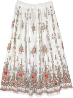 An exquisite Indian-style festival skirt in soft rayon fabric with golden, orangish red, and green printed ethnic motifs and sequin details.  This charming white skirt features floral block motifs with a golden outline, and the motifs are further decorated with sequins that enhance the look. #tlb #Bells #Dance #Floral #Printed #Indian #FestivalSkirt #TarotSkirt Bollywood Style Long Skirt For Summer, Traditional Long Skirt With Boho Print, Traditional Boho Print Skirt For Summer, Bohemian Floral Embroidered Festival Skirt, Bohemian Festival Skirt With Floral Embroidery, Bohemian Orange Floral Print Skirt, Festival Long Skirt With Embroidery, Bohemian Flowy Skirt With Floral Embroidery, Traditional White Festival Skirt