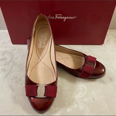 Authentic Sf Flats, Varina Collection, Red Patern Leather, Bow Details, Sign Of Wear In Heels, Otherwise, Very Good Condition. Elegant Slip-on Heels With Red Sole, Red Leather Flats For Evening, Red Leather Evening Flats, Elegant Burgundy Round Toe Flats, Elegant Burgundy Flats With Round Toe, Luxury Low Heel Formal Flats, Elegant Flats With Red Sole, Elegant Red Flats With Rubber Sole, Luxury Low Heel Flats For Formal Occasions