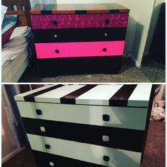 this dresser is painted black, white and pink with stripes on the bottom half of it