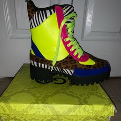 Colorful, Cute, Boots, Never Worn. As A Few Creases On The Side. Very Vibrant In Person Size 8 Shoes Colorful, Ego Shoes, Unique Boots, Custom Boots, Lug Sole Boots, Black Combat Boots, Big Girl Fashion, Zipper Boots, Cute Boots