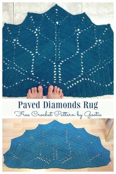 a blue crocheted rug with feet on it and the words, paved diamonds rug