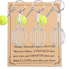 three tennis racquets and two balls on a card with the words always remember you're braver than you believe, stronger than