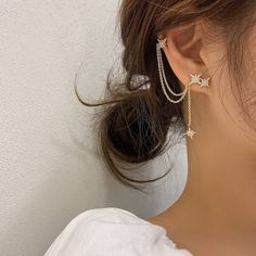 Crystal Ear Double Chain Tassel. The Set Is Designed To Wear One Stud Earring In One Ear And The Second Stud Earring Tassel Set In The Other Ear. Oh My Goddess, Ear Cuff Earings, Star Earrings Stud, Fancy Jewellery, Fancy Jewelry, Fantasy Jewelry