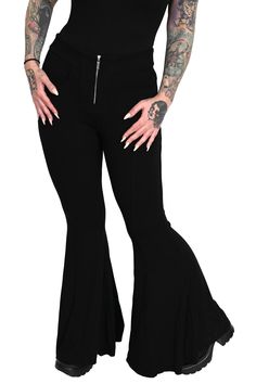 black bellbottoms with a silver front zipper Black Bell Bottoms, Cozy Oversized Sweaters, Silky Robe, Bell Pants, All Black Looks, Bell Bottom Pants, Striped Socks, Black Platform, Jeans Size Chart