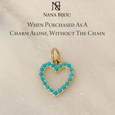 "This uniquely detailed necklace is composed of a 14K solid gold heart shaped frame and hand-set with genuine AAA quality natural real Arizona Turquoise cabochons. This darling heart frame charm is complemented with a matching 14K solid gold adjustable chain or available to be purchased as a charm alone without the chain. ♦ Heart Dimensions: approximately 11.5mm (w) x 11.5mm (h) ♦ Metal Finish: High Shine Polish ♦ This design is available in Rose, White and Yellow 14K Gold ♦ Please note that thi Blue 14k Gold Heart Pendant Jewelry, Elegant Turquoise Heart-shaped Jewelry, Elegant Turquoise Necklace With Heart Charm, Elegant Turquoise Jewelry With Heart Beads, Elegant Turquoise Heart Beads Jewelry, Elegant Turquoise Heart Cut Jewelry, Turquoise Heart Pendant Necklace For Anniversary, Turquoise Jewelry With Heart Charm For Anniversary, Turquoise Heart Charm Jewelry For Anniversary