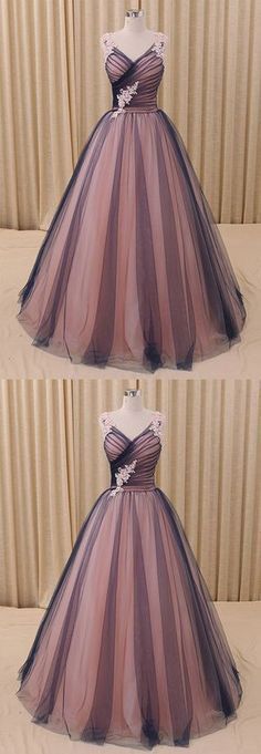 Charming A-Line V-Neck Navy Blue Princess Tulle Ball Gown Formal Evening Dress ,W0072 Dress Neck Lines, Neck Lines, Prom Dresses 2018, Tulle Evening Dress, Steampunk Wedding, Stil Boho, Tulle Ball Gown, Ball Gowns Evening