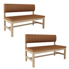 two wooden benches sitting next to each other on top of a white floor with brown cushions