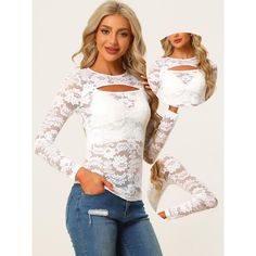 The allover sheer lace fabric of this long-sleeve top creates an alluring look, and it's sweetened up with crochet and floral lace detailing throughout. A feminine sheer lace paneled top with a cutout front is perfect for day-to-night looks. Add a blush of romantic charm to your everyday style with this long-sleeve mesh top with floral lace. This shirt is easy to pair with sleeveless dresses for warmth and cover-up, and it also can double as a layering piece during the cooler season. This stylis White Long Sleeve Tops With Lace Sleeves, Long Sleeve Lace Top For Spring, Fall White Lace Top, Stretch Mesh Top With Hollow Out Long Sleeves, Long Sleeve Lace Tops With Lace Sleeves, Stretch Long Sleeve Lace Top, White Sheer Long Sleeve Lace Top, White Long Sleeve Lace Top With Patchwork, White Long Sleeve Lace Patchwork Top