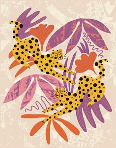 two cheetah are sitting on top of purple and orange flowers with hearts in the background