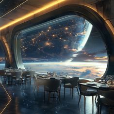 an image of a space themed restaurant with the window open and tables set up for dinner