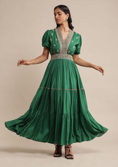 Ritu Kumar-Green Embroidered Dress-INDIASPOPUP.COM Mehandi Outfit, Green Embroidered Dress, Mehandi Outfits, Pure Silk Dress, Ritu Kumar, Denim Maxi Dress, Kurta Neck Design, Color Making, Party Wear Indian Dresses