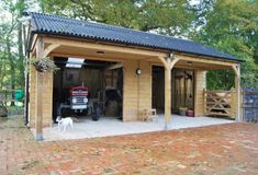 a small wooden garage with a dog standing in front of it and the door open