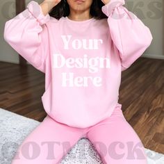 Pink Relaxed Fit Sportswear Sweatshirt, Custom Print Long Sleeve Sports Sweatshirt, Pink Crew Neck Hoodie For Sportswear, Pink Crew Neck Sweatshirt For Sports, Cozy Fit Crew Neck Sportswear Tops, Cozy Fit Sportswear Tops With Crew Neck, Pink Letter Print Crew Neck Sweats, Pink Crew Neck Sweats With Letter Print, Pink Fleece Crew Neck Sweatshirt