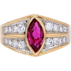 Explore the epitome of elegance with this enchanting Marquise Ruby Ring, a masterpiece of fine jewelry craftsmanship. Gleaming in 18K yellow gold and platinum 900, this ring boasts a captivating marquise-cut ruby as its centerpiece, exuding a rich, deep red hue that symbolizes love and passion. With a total color weight of 1.09 carats, the ruby commands attention with its brilliance and allure.Adding to its allure are the sparkling diamond accents that adorn the band, totaling 0.46 carats. These diamonds, carefully set in the precious metal, provide a stunning contrast to the vivid ruby, enhancing its beauty and radiance.Designed to captivate hearts and minds, this exquisite ring is perfect for those who appreciate the finer things in life and seek to adorn themselves with timeless eleganc Sparkling Diamond, Ring With Diamond, Heart And Mind, Precious Metal, Ruby Ring, Marquise Cut, Sparkle Diamonds, Deep Red, Precious Metals