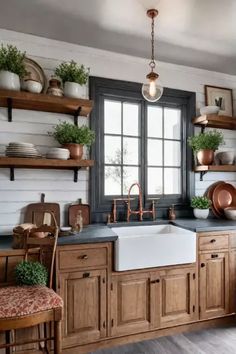 a kitchen filled with lots of wooden cabinets and open shelves next to a white sink