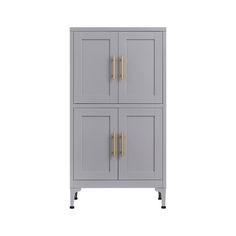 a gray cabinet with two doors and gold handles on the front, against a white background