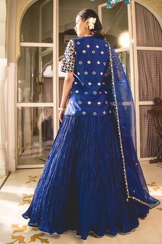 Midnight blue short kurta with geometric marori and zardosi embroidery. Paired with coordinating tasselled dupatta and solid crush lehenga. - Aza Fashions Indigo Navratri Set With Dupatta, Indigo Sets With Dupatta For Navratri, Fitted Royal Blue Traditional Drape Set, Fitted Indigo Sets With Dupatta, Fitted Royal Blue Set For Festive Occasions, Fitted Royal Blue Festive Set, Festive Fitted Royal Blue Set, Blue Sheer Dupatta Set For Navratri, Fitted Blue Set With Dori Work