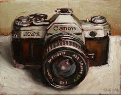 an oil painting of a camera with the lens up, on a white surface and brown background