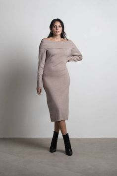 Nye Party Dresses, Beige Midi Dress, Winter Bridesmaid Dresses, Sweater Midi Dress, Brown Midi Dress, Holiday Dresses Women, Bardot Neckline, Off The Shoulder Sweater, Holiday Party Dresses