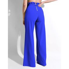 Royal Blue Ruffle Hem Straight Leg Casual Pants Blue Ruffled Bottoms For Party, Spring Blue Ruffled Pants, Elegant Ruffled Blue Bottoms, Elegant Blue Ruffled Bottoms, Solid Color Ruffle Party Bottoms, Chic Blue Party Pants, Ruffled Party Bottoms, Chic Blue Wide Leg Pants For Party, Blue Wide Leg Pants For Summer Party