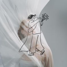 a drawing of a man and woman hugging each other with the background drawn behind them