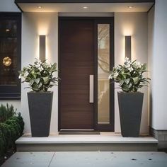 two large planters with flowers are on the front step of a house, next to an entry door