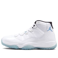 The Air Jordan 11 Retro 'Legend Blue' are a must-have for any true fan of the greatest basketball player of all time. Originally released in 1996, these iconic sneakers were worn by Michael Jordan during the NBA All-Star Game. Now, they're back and better than ever, with blue accents that pay tribute to MJ's alma mater. The all-white leather upper is complemented by the signature patent leather mudguard, while the Phylon midsole provides superior comfort and support. A full-length Air unit ensures a smooth ride, while the icy translucent outsole completes the look. (SNKR/AJ11/Men's/High Top/Basketball/Wear-resistant) Throwback Basketball Shoes With Branded Insole, Throwback Round Toe Basketball Shoes, Throwback High-top Basketball Shoes For Light Sports, Throwback High-top Basketball Shoes With Cushioned Footbed, Throwback High-top Jordan Shoes, Throwback High-top Basketball Shoes For Sports, Throwback Jordan High-top Shoes With Branded Insole, Throwback Mid-top Basketball Shoes, Classic High-top Basketball Sneakers