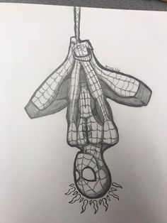 a drawing of a spider - man hanging from a clothesline with the letter o on it