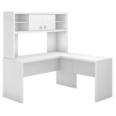 a white desk with an open bookcase on the top and bottom shelf below it