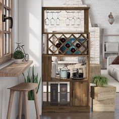 a living room filled with furniture and a wine rack